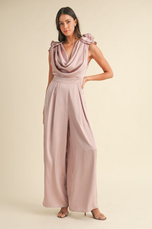 Floral Applique Deep Cowl Neck Jumpsuit