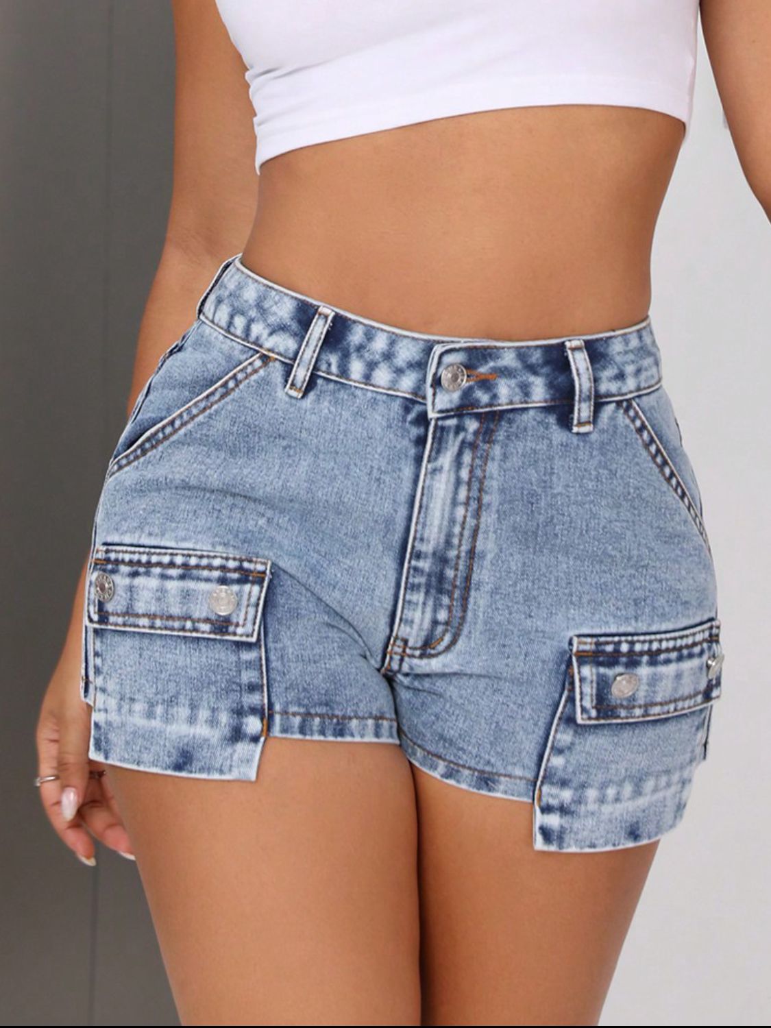 Mid-Rise Waist Denim Shorts with Pockets