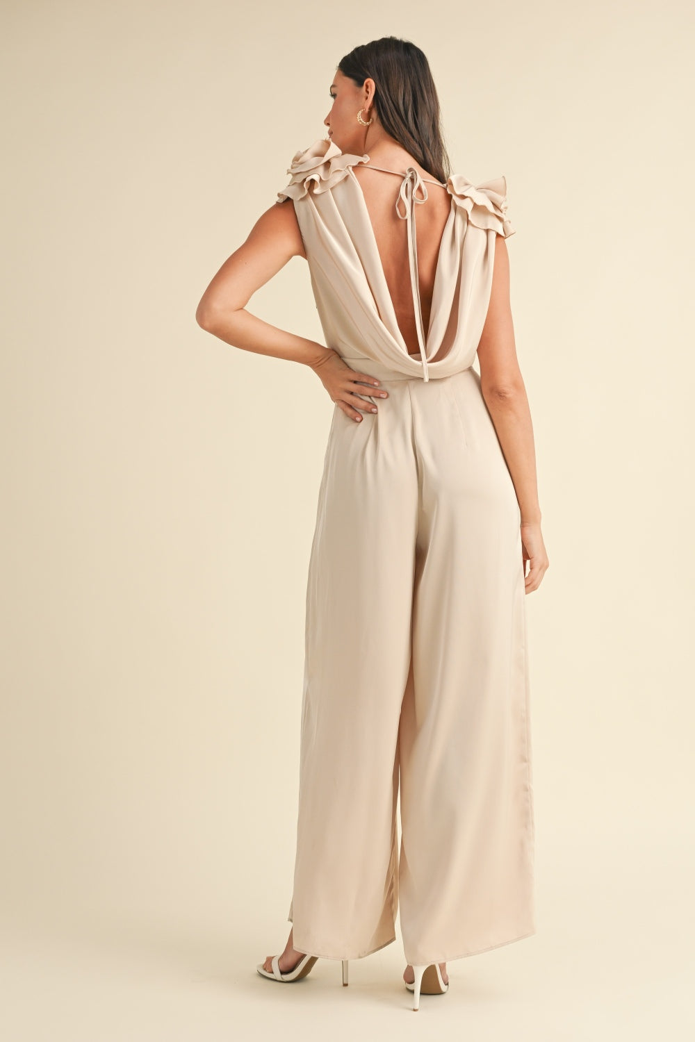 Floral Applique Deep Cowl Neck Jumpsuit