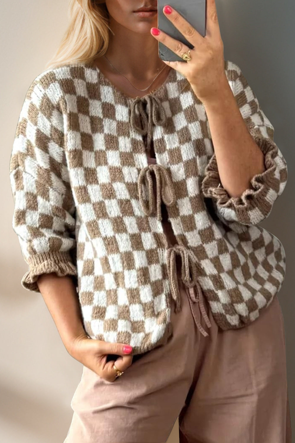 Double Take Tied Checkered Dropped Shoulder Flounce Sleeve Cardigan