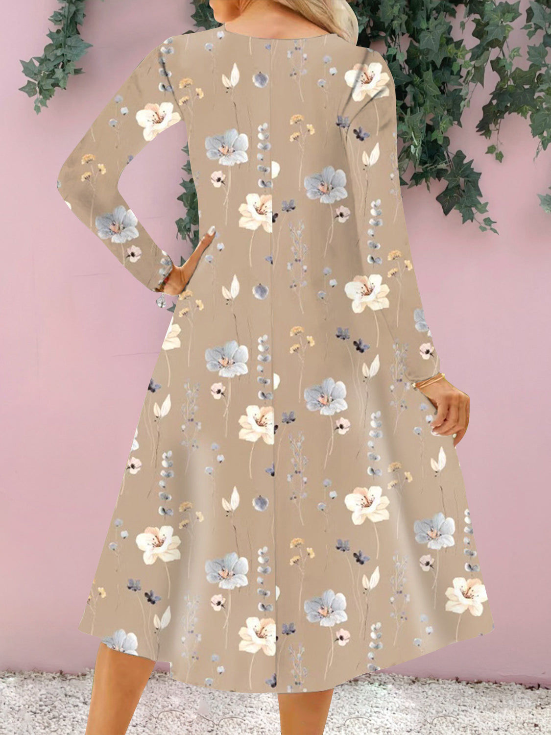 Floral Notched Long Sleeve Midi Dress