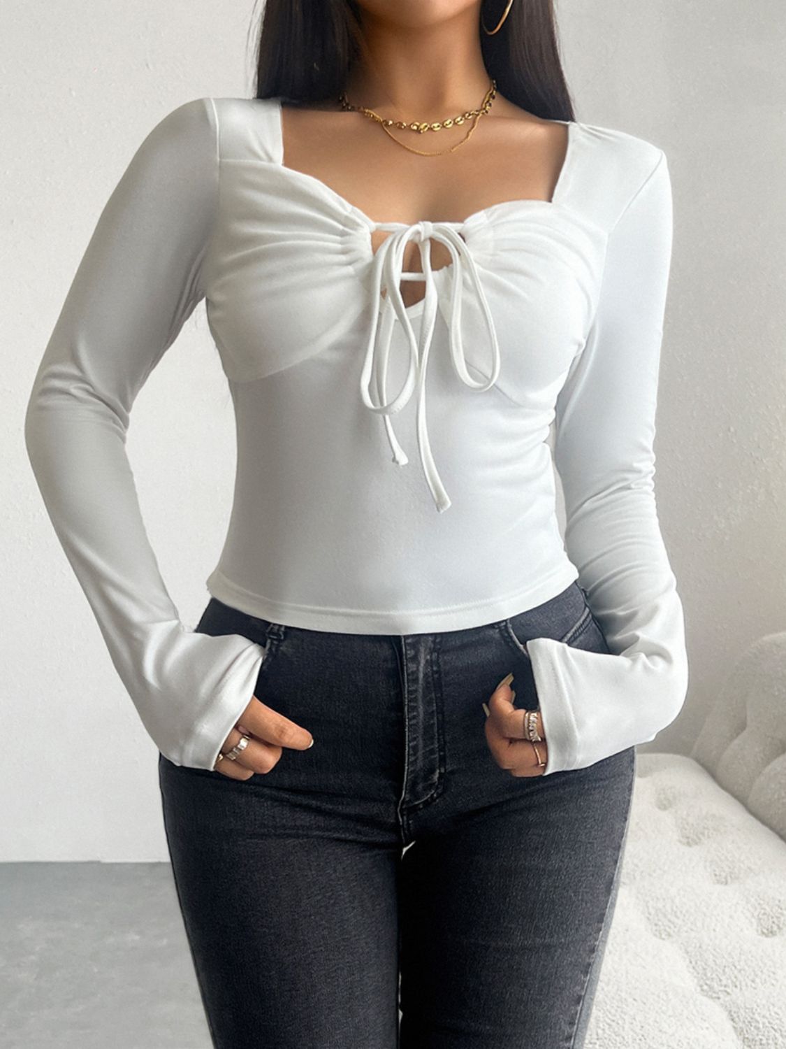 Slit Tie Fitted Long Sleeve Top