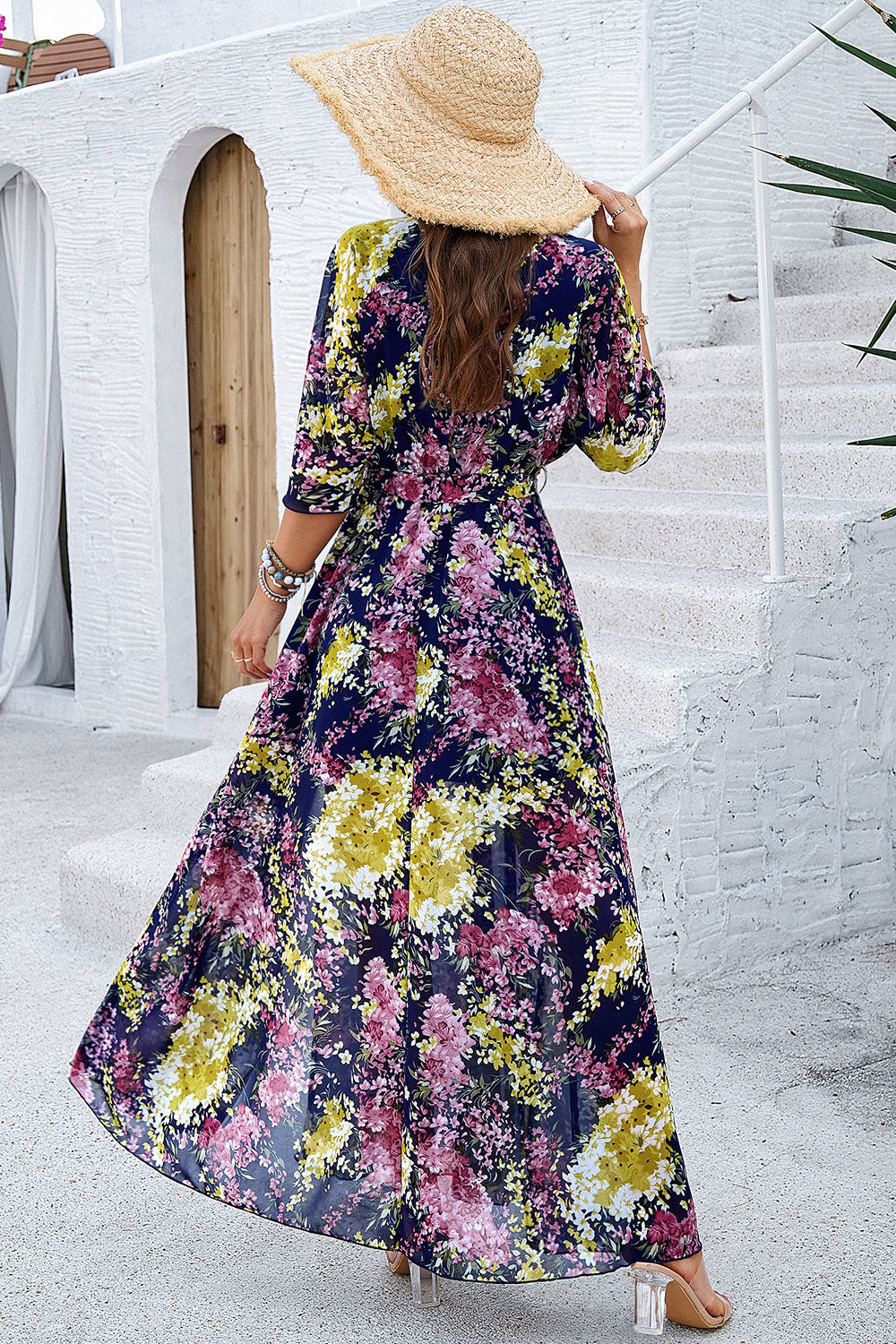 Devine Printed Tied Half Sleeve Slit Dress