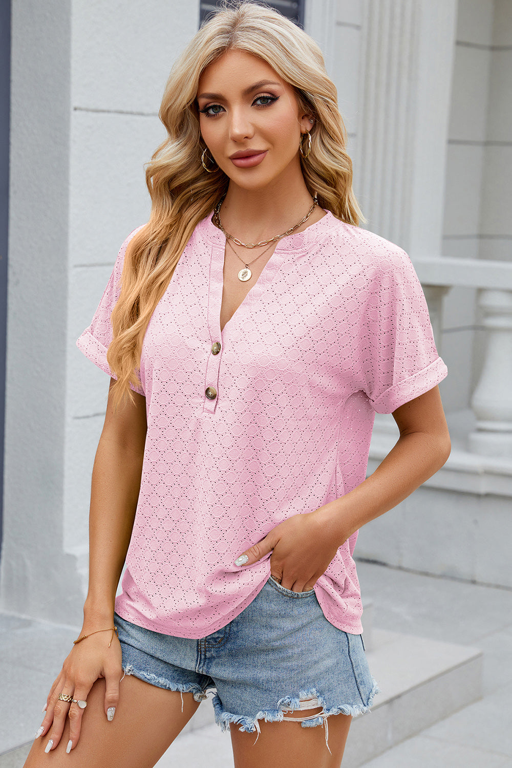 Eyelet Notched Short Sleeve T-Shirt