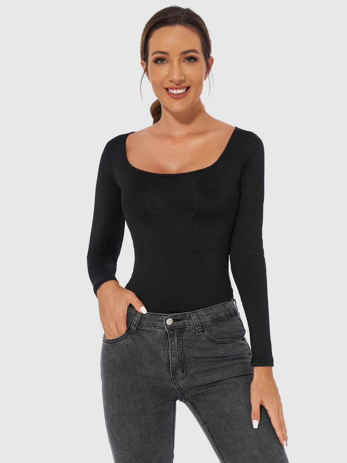 Vienna Grace Scoop Neck Long Sleeve Bodysuit