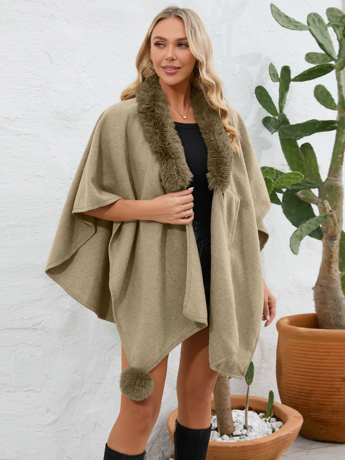 Fuzzy Trim Open Front Poncho