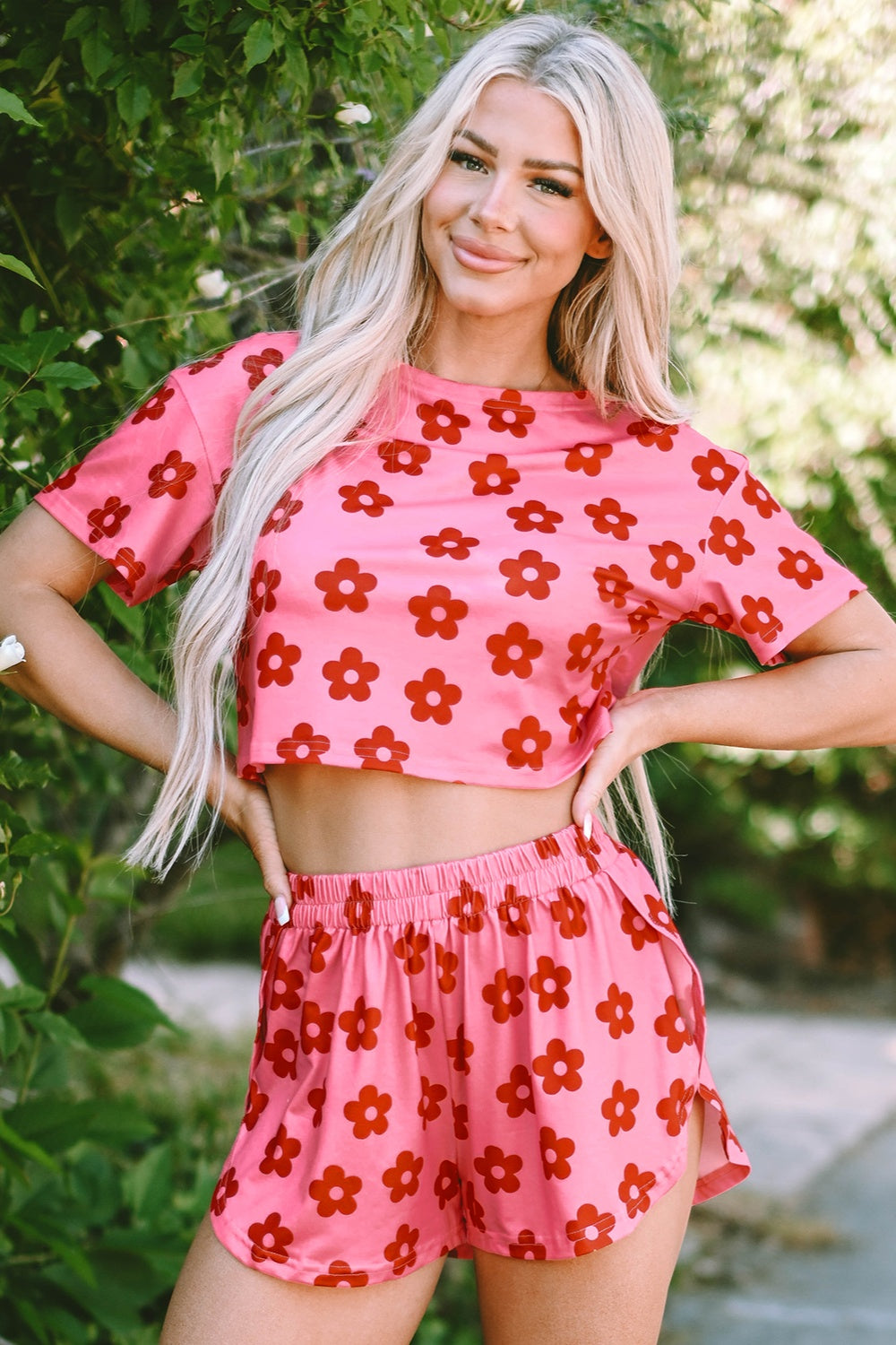 Flower Cropped Top and Shorts Lounge Set