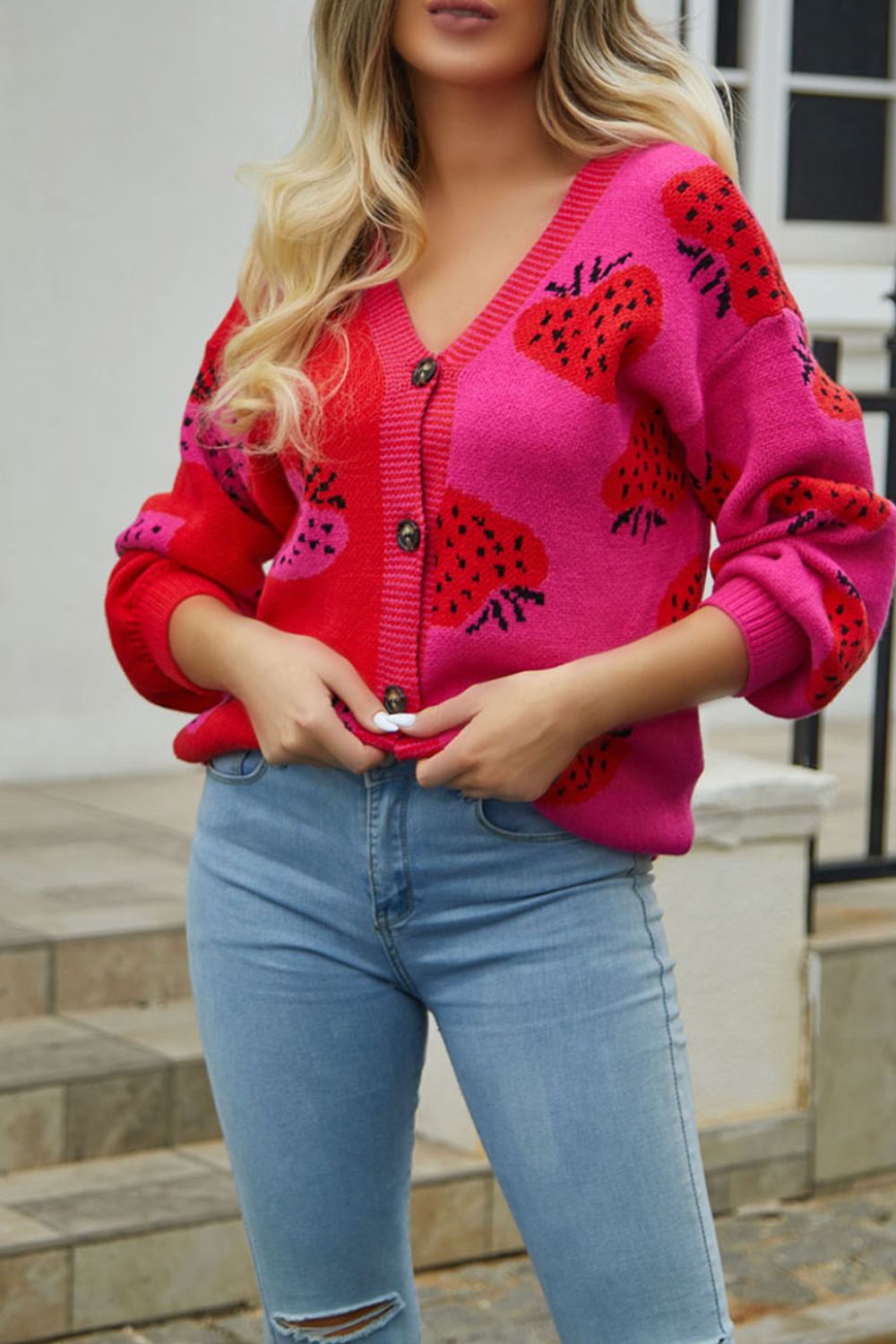 Strawberry V-Neck Button-Down Long Sleeve Cardigan