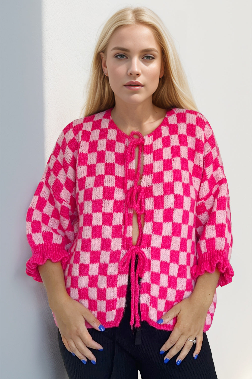 Double Take Tied Checkered Dropped Shoulder Flounce Sleeve Cardigan