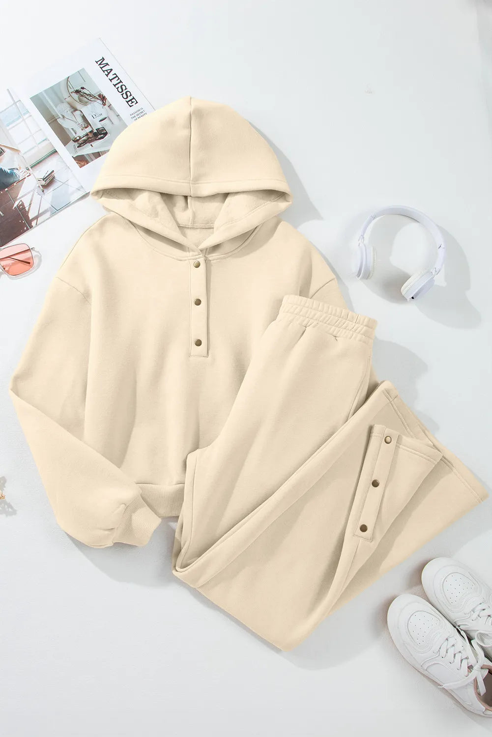 Cozy Cream Long Sleeve Hooded Top and Pants Set