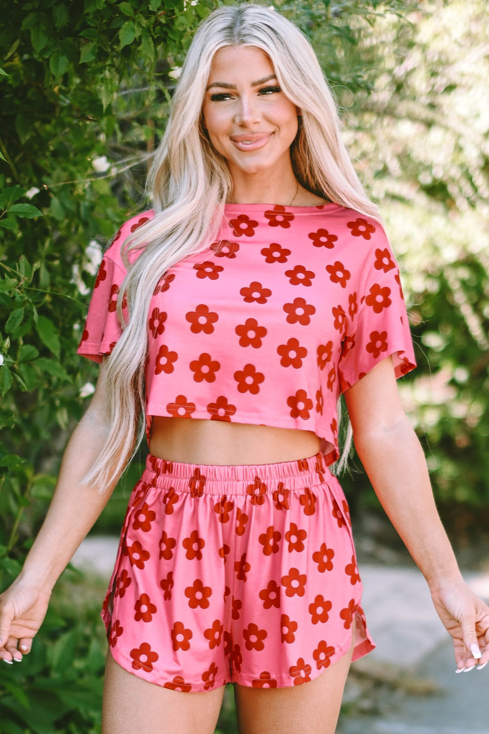 Flower Cropped Top and Shorts Lounge Set