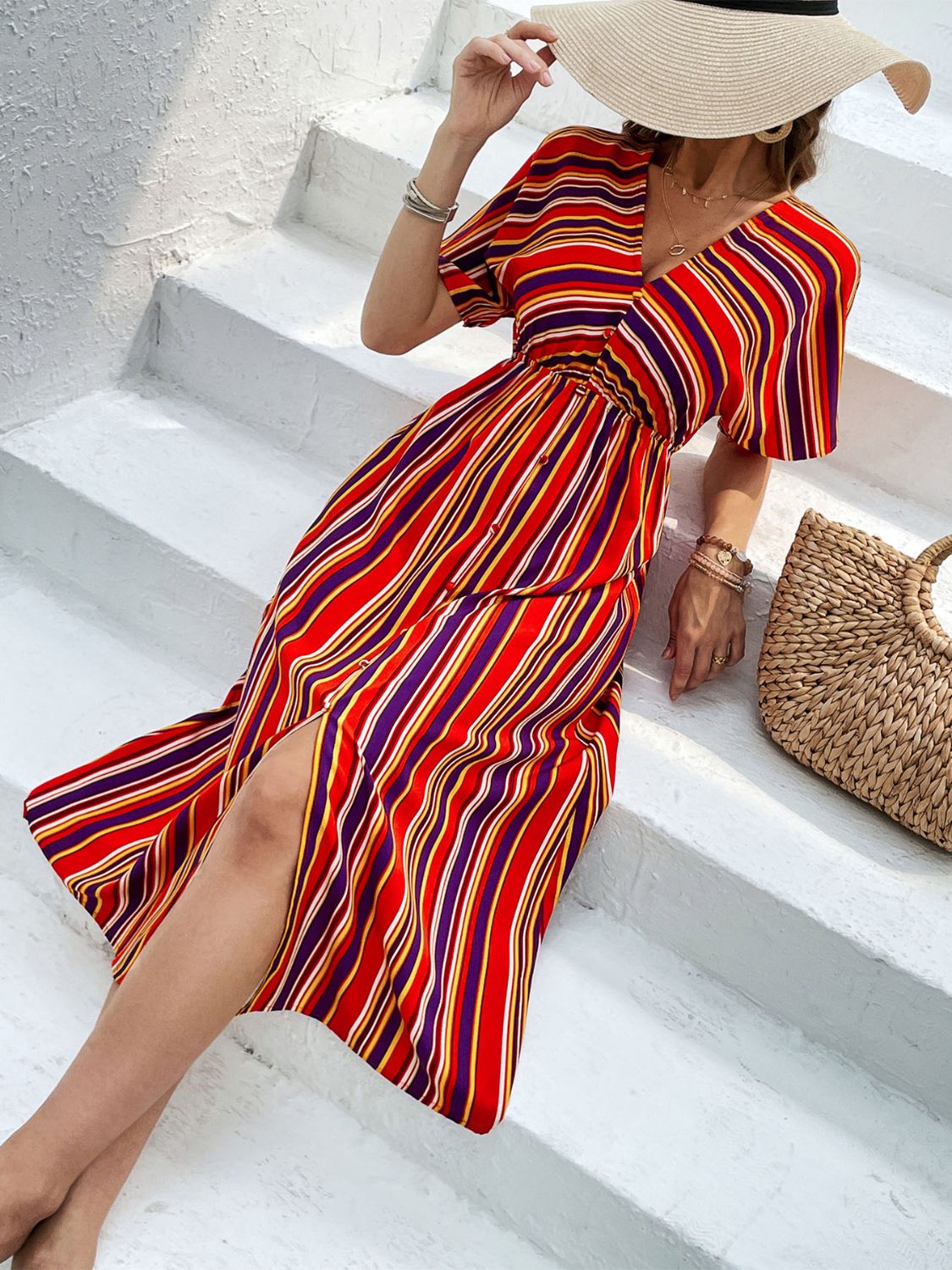 Perfee Slit Striped V-Neck Short Sleeve Midi Dress