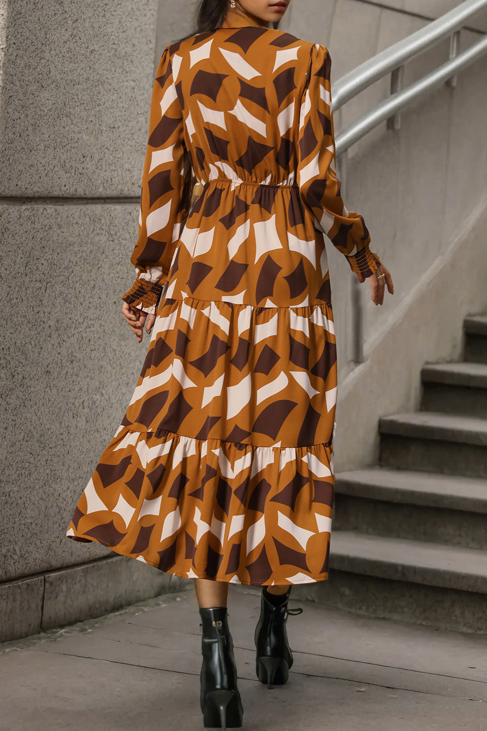 Perfee Printed Tied Pocketed Lantern Sleeve Dress