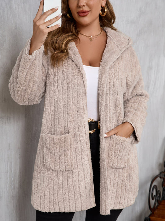 Plus Size Open Front Long Sleeve Hooded Fuzzy Jacket