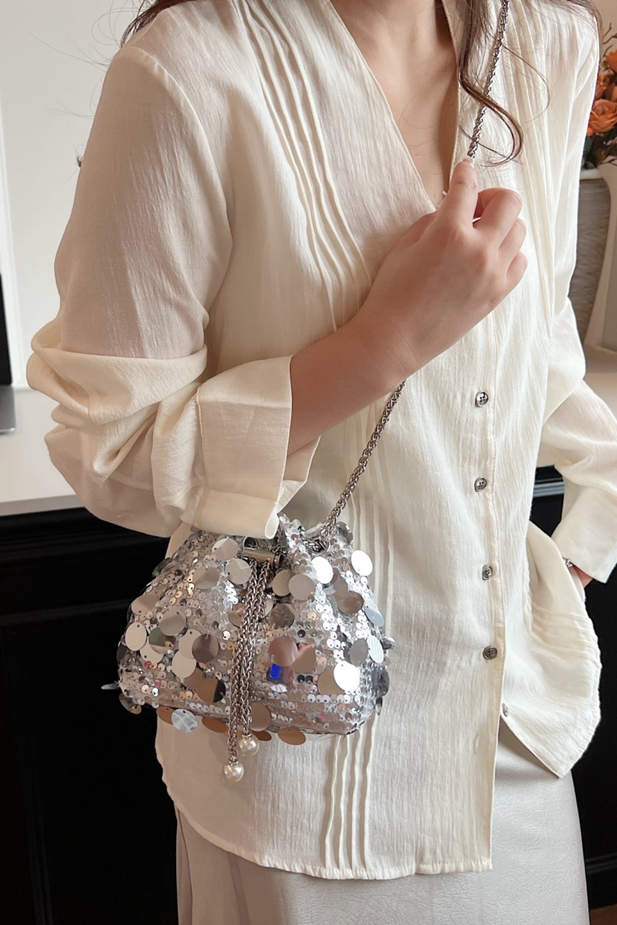 Drawstring Sequin Crossbody Bag