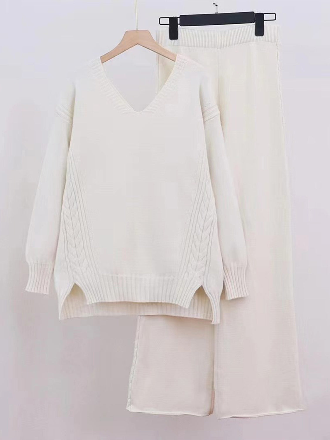 Slit V-Neck Long Sleeve Top and Pants Sweater Set