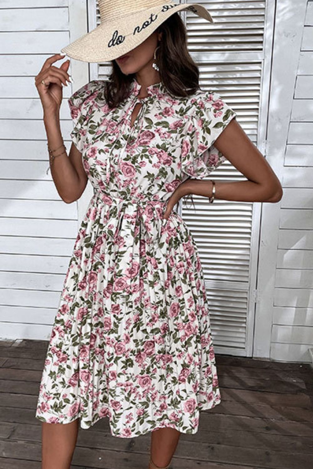 Perfee Floral Tie-Neck Flutter Sleeve Midi Dress