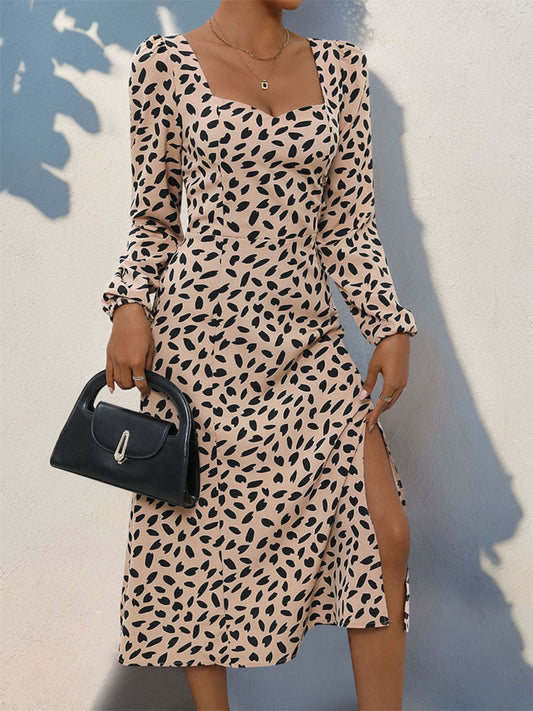 Tied Slit Printed Long Sleeve Midi Dress