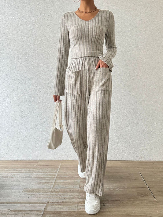 Jade’s Classic Ribbed V-Neck Long Sleeve & Pants Set