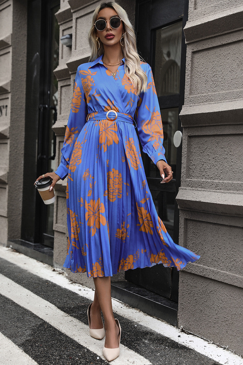 Perfee Floral Pleated Surplice Long Sleeve Midi Dress