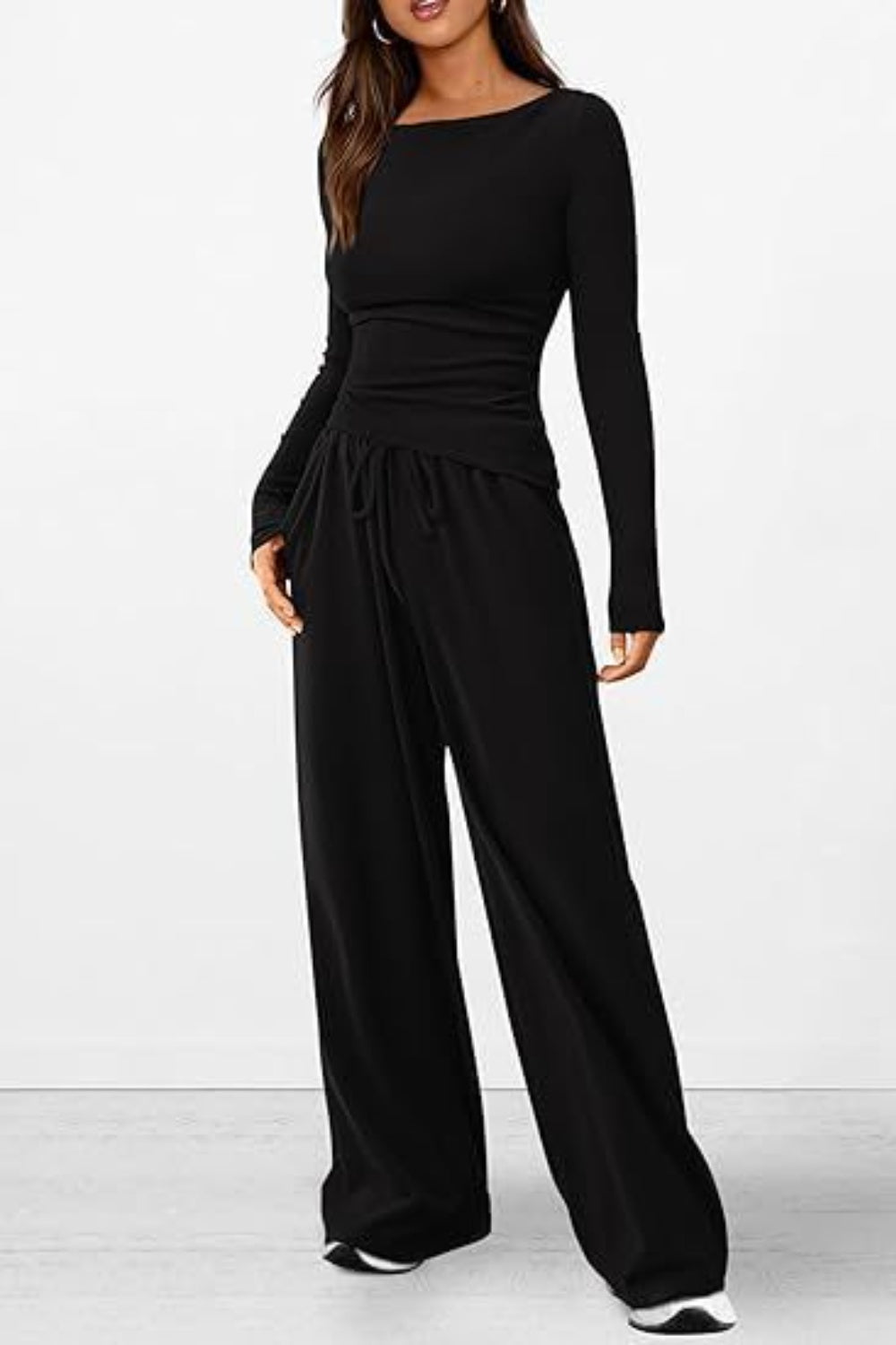 Round Neck Long Sleeve Top and Pants Set