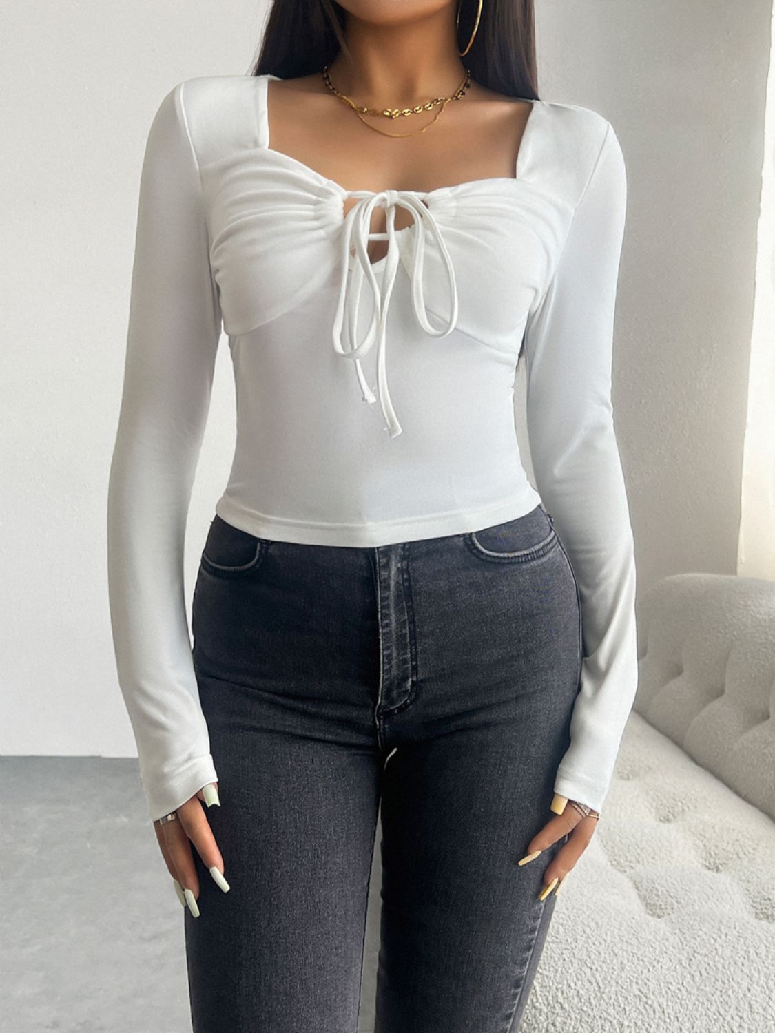 Slit Tie Fitted Long Sleeve Top