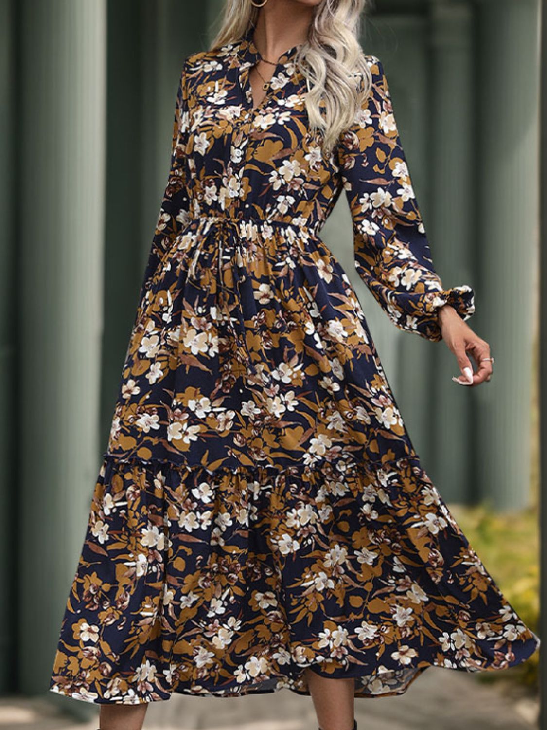 Printed Notched Long Sleeve Midi Dress