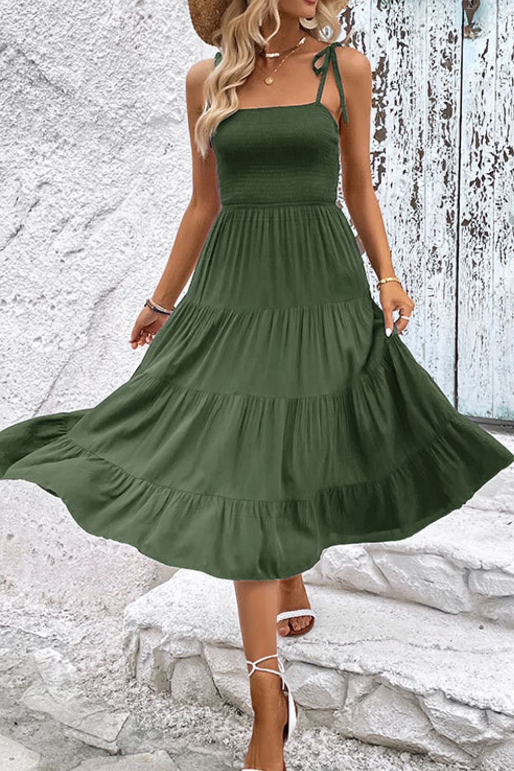 Perfee Tie-Shoulder Tiered Midi Dress