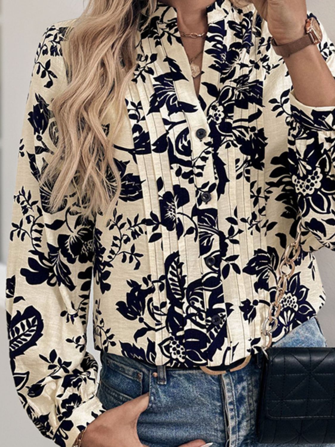 Perfee Printed Notched Long Sleeve Shirt