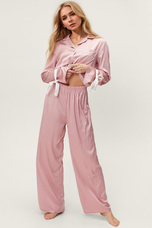 Basic Bae Tied Cuff Collared Neck Top and Pants Lounge Set