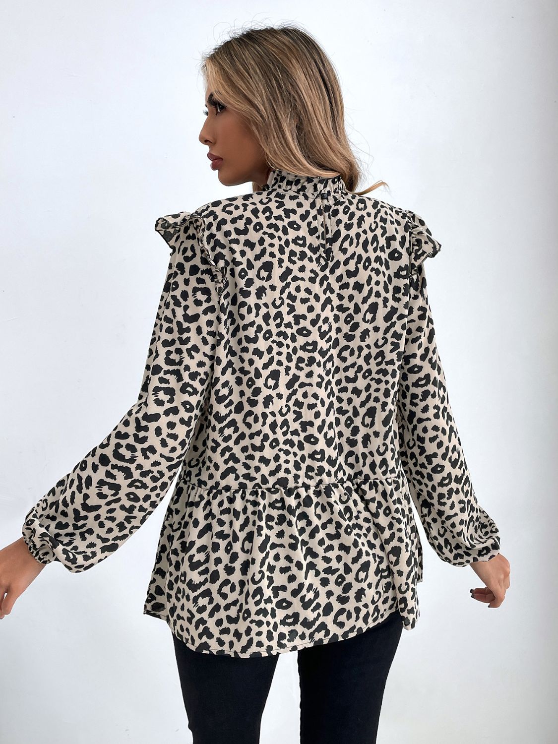 Ruffled Leopard Mock Neck Long Sleeve Blouse