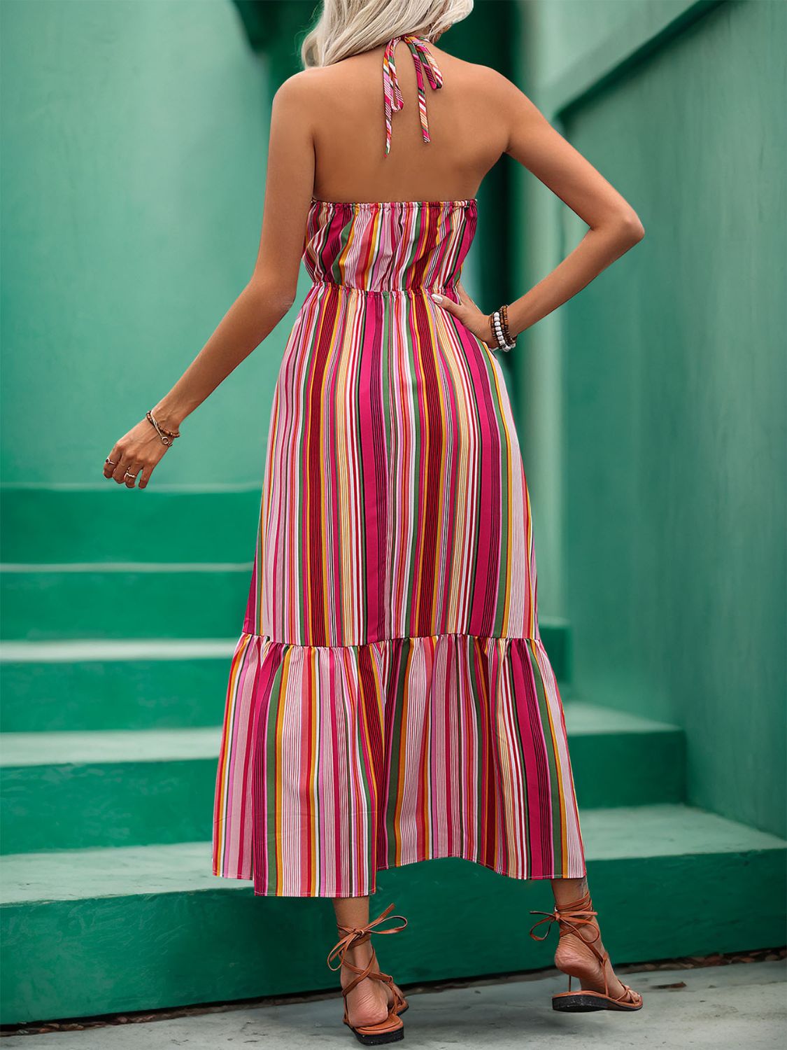 Perfee Lace Detail Striped Halter Neck Midi Dress